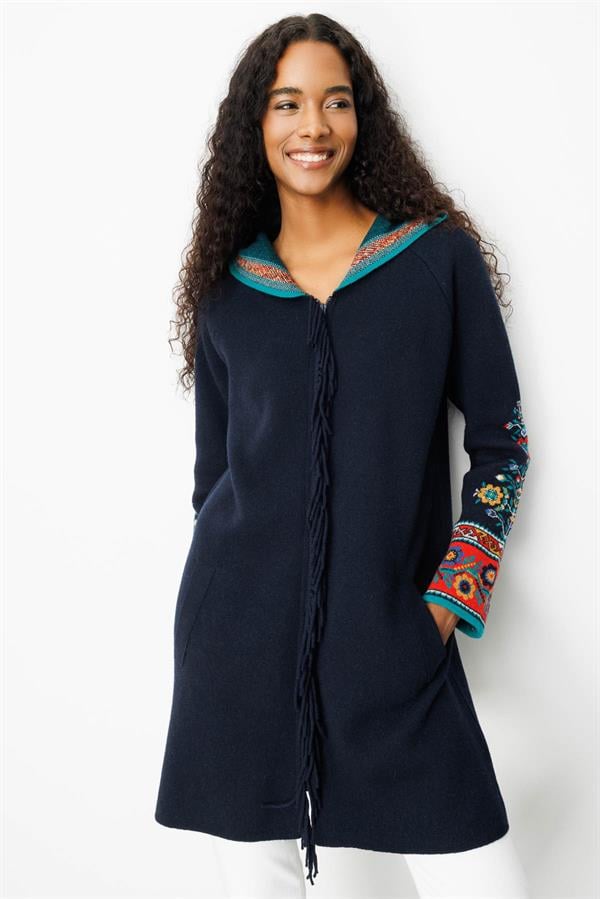 Kadın Kapüşonlu Kilim Jakarlı Püsküllü Yün Kaban K.Lacivert