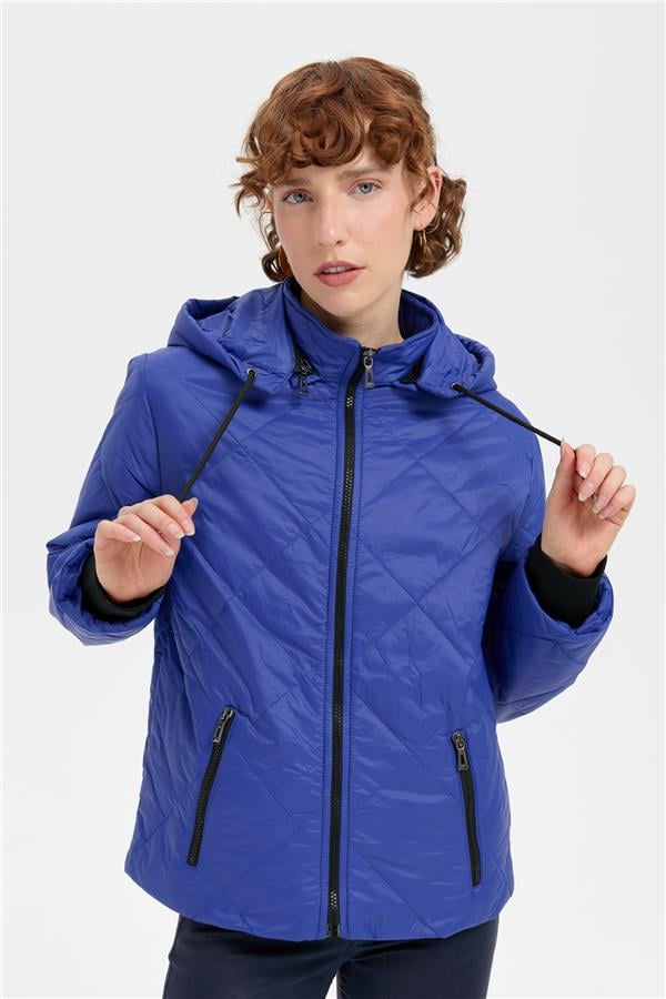 Kadın Kapüşonlu Kol Ucu Triko Kısa Kapitone Ceket Saks