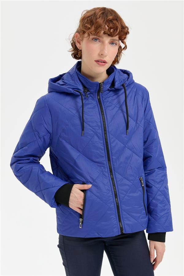 Kadın Kapüşonlu Kol Ucu Triko Kısa Kapitone Ceket Saks