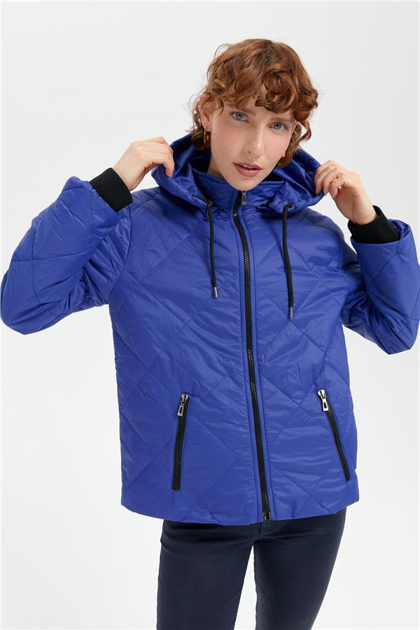 Kadın Kapüşonlu Kol Ucu Triko Kısa Kapitone Ceket Saks