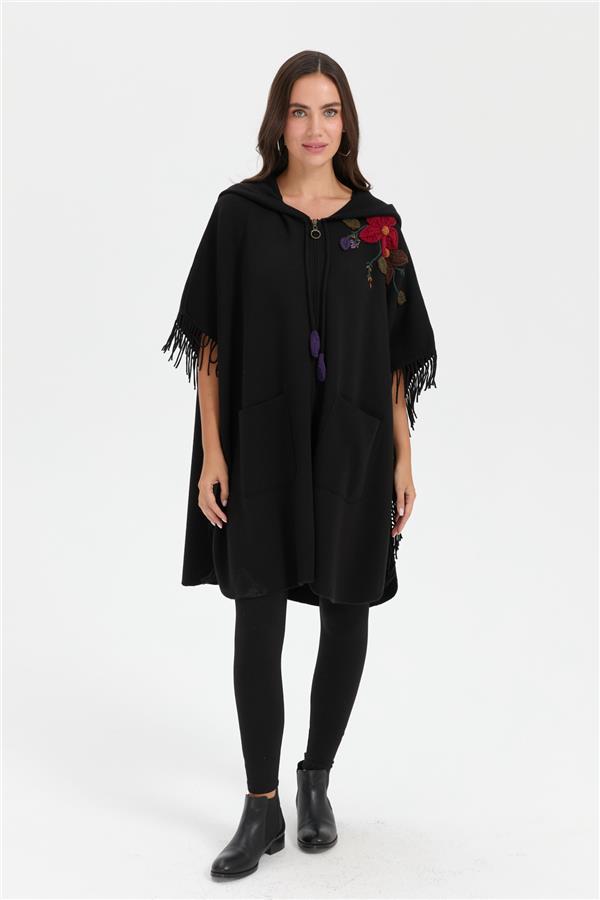 Kadın Kapüşonlu Omzu Çiçek İşlemeli Yün Panço Siyah