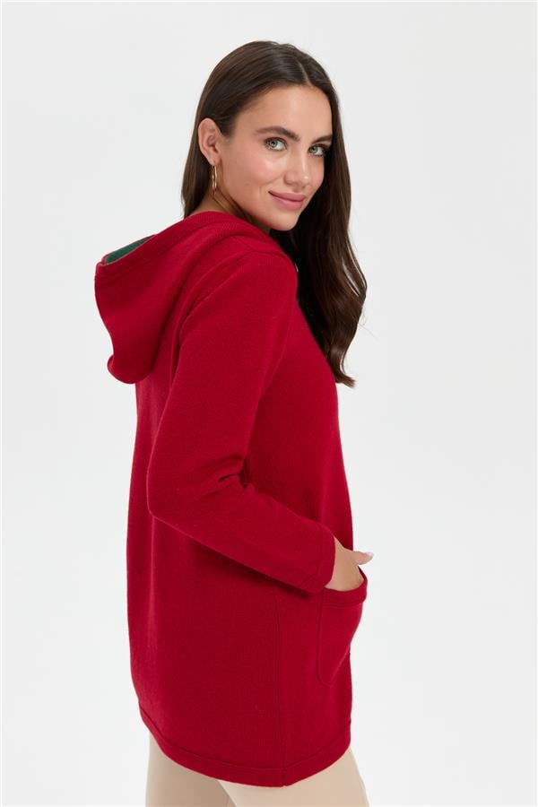 Kadın Kapüşonlu Omzu İşlemeli Araboy Yün Hırka K.Kırmızı