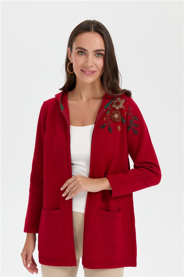 Kadın Kapüşonlu Omzu İşlemeli Araboy Yün Hırka K.Kırmızı
