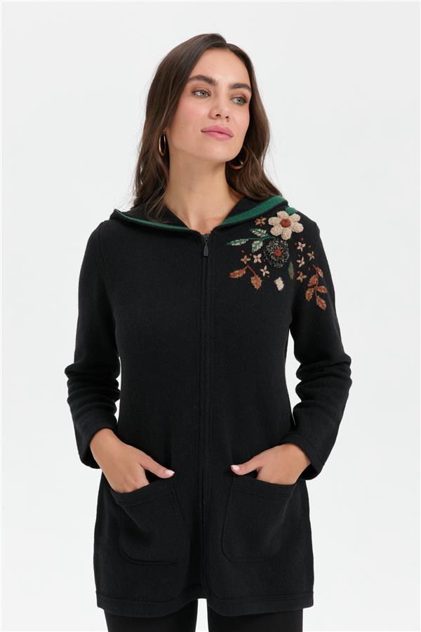 Kadın Kapüşonlu Omzu İşlemeli Araboy Yün Hırka Siyah