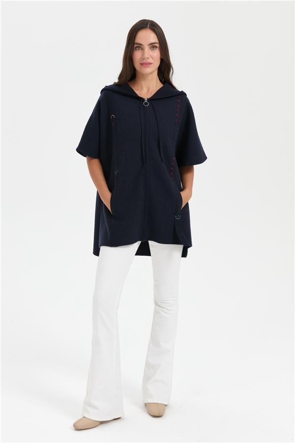 Kadın Kapüşonlu Önü Keçe İşlemeli Fermuarlı Yün Panço K.Lacivert