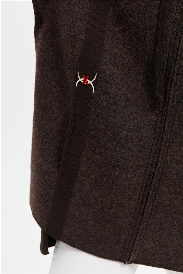 Kadın Kapüşonlu Önü Keçe İşlemeli Fermuarlı Yün Panço K.Kahve