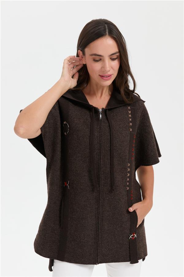 Kadın Kapüşonlu Önü Keçe İşlemeli Fermuarlı Yün Panço K.Kahve