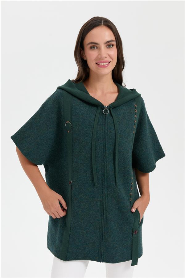 Kadın Kapüşonlu Önü Keçe İşlemeli Fermuarlı Yün Panço Yeşil