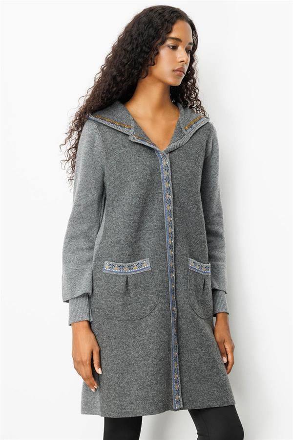 Kadın Kapüşonlu Önü Keçe Yün Kaban Füme