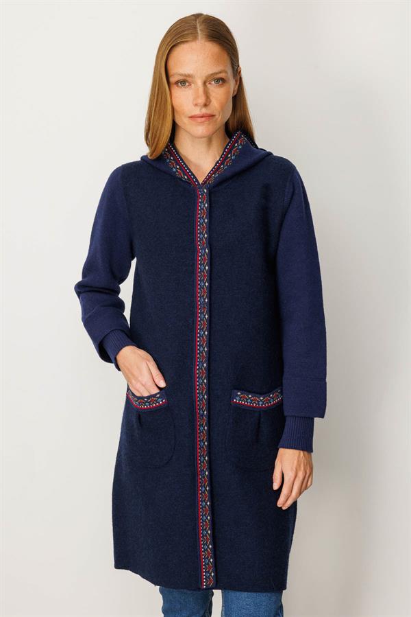 Kadın Kapüşonlu Önü Keçe Yün Kaban Y.A.Lacivert