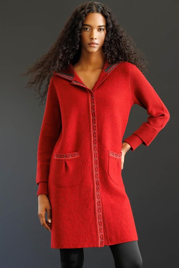 Kadın Kapüşonlu Önü Keçe Yün Kaban Y.Kırmızı