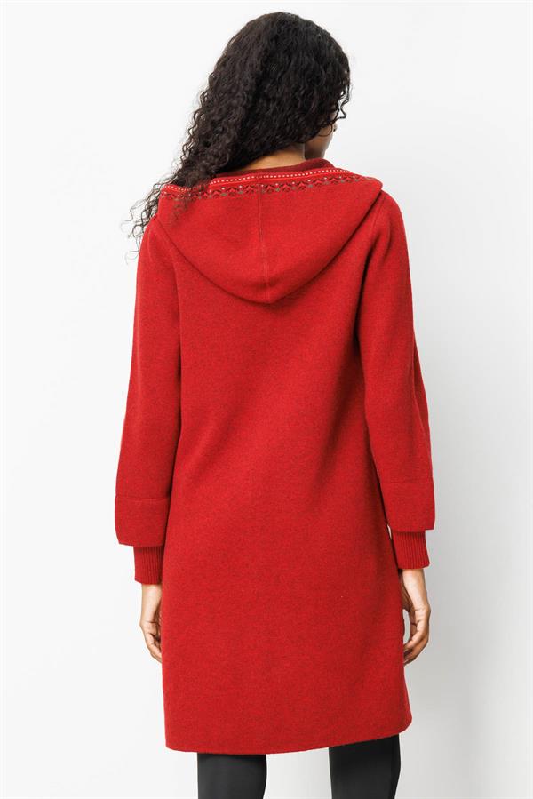 Kadın Kapüşonlu Önü Keçe Yün Kaban Y.Kırmızı