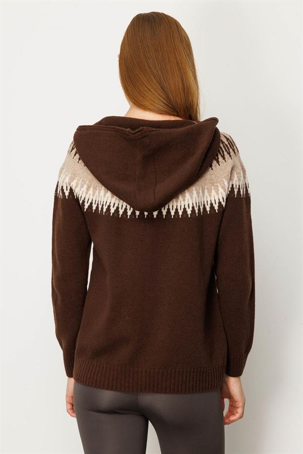 Kadın Kapüşonlu Robası Baklavalı Hırka M.Kahve