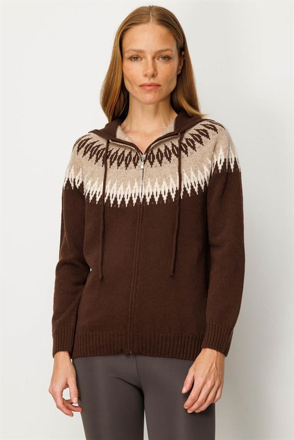 Kadın Kapüşonlu Robası Baklavalı Hırka M.Kahve