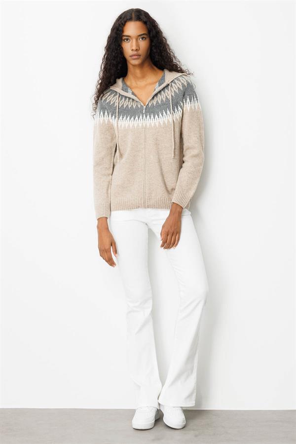 Kadın Kapüşonlu Robası Baklavalı Hırka K.Bej