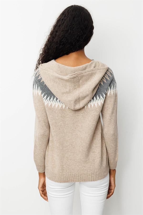 Kadın Kapüşonlu Robası Baklavalı Hırka K.Bej