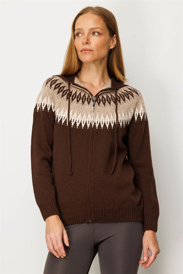 Kadın Kapüşonlu Robası Baklavalı Hırka M.Kahve