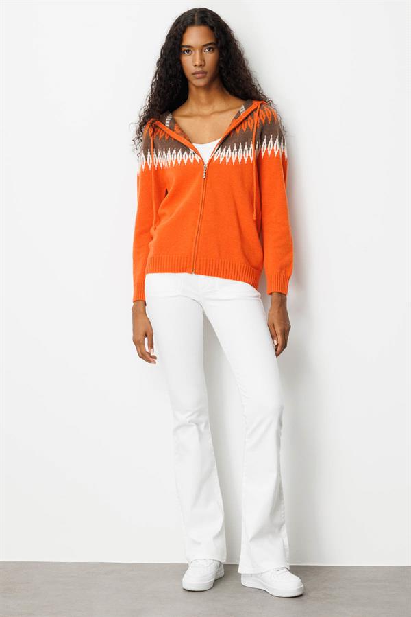 Kadın Kapüşonlu Robası Baklavalı Hırka Portakal