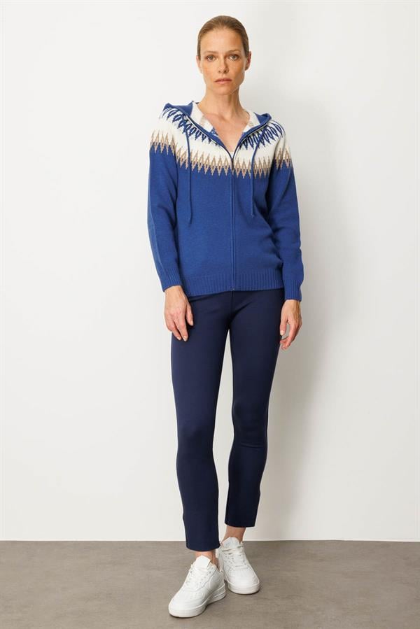 Kadın Kapüşonlu Robası Baklavalı Hırka Mavi