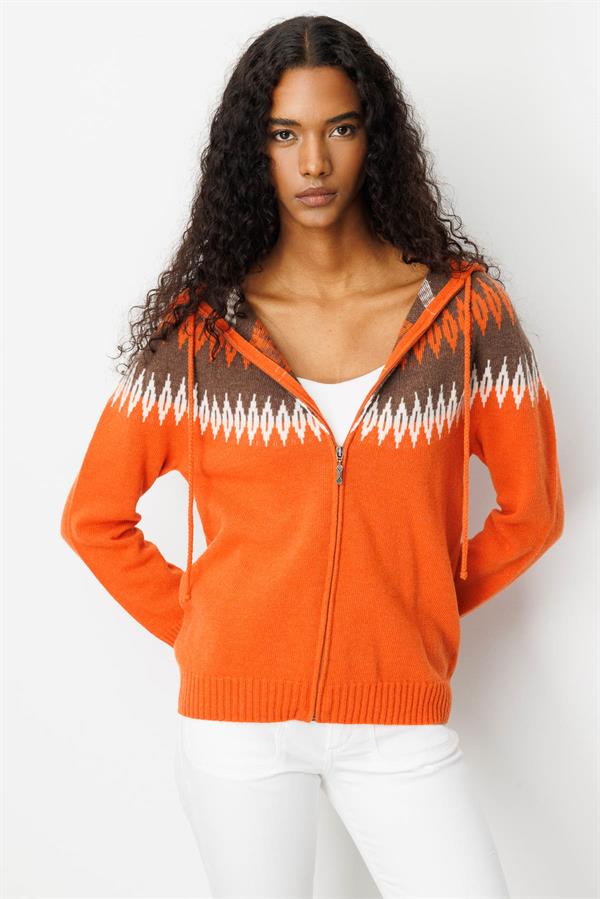 Kadın Kapüşonlu Robası Baklavalı Hırka Portakal