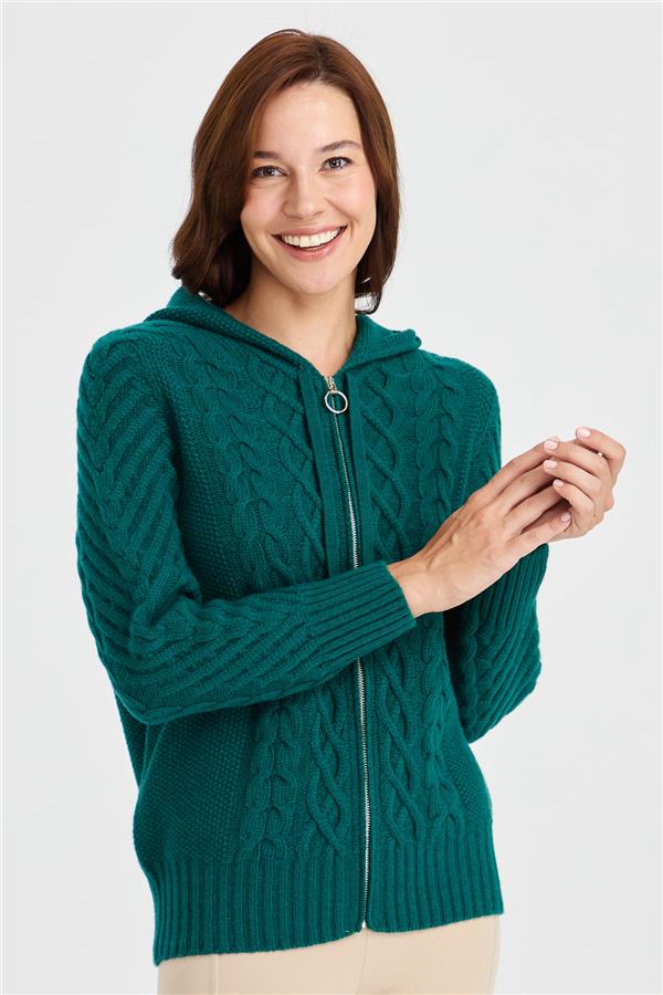 Kadın Kapüşonlu Saç Yürütme Örgülü Yün Hırka K.Ö.başı