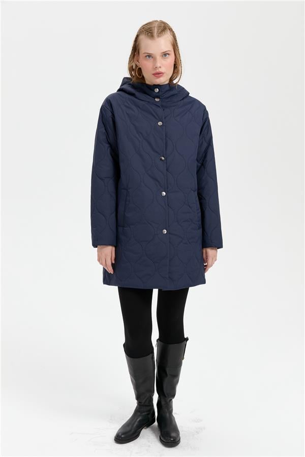 Kadın Kapüşonlu Soğan Desenli Araboy Kapitone Kaban Lacivert