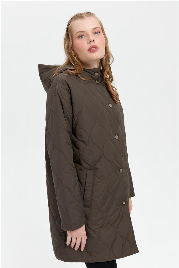 Kadın Kapüşonlu Soğan Desenli Araboy Kapitone Kaban Haki