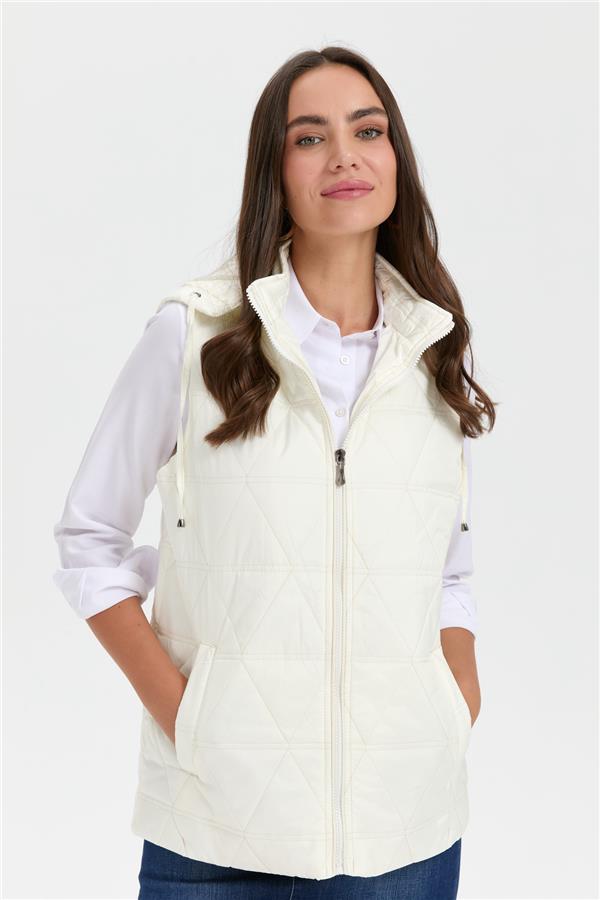 Kadın Kapüşonlu Üçgen Desenli Kısa Kapitone Yelek Taş