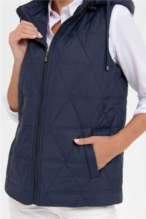 Kadın Kapüşonlu Üçgen Desenli Kısa Kapitone Yelek Lacivert