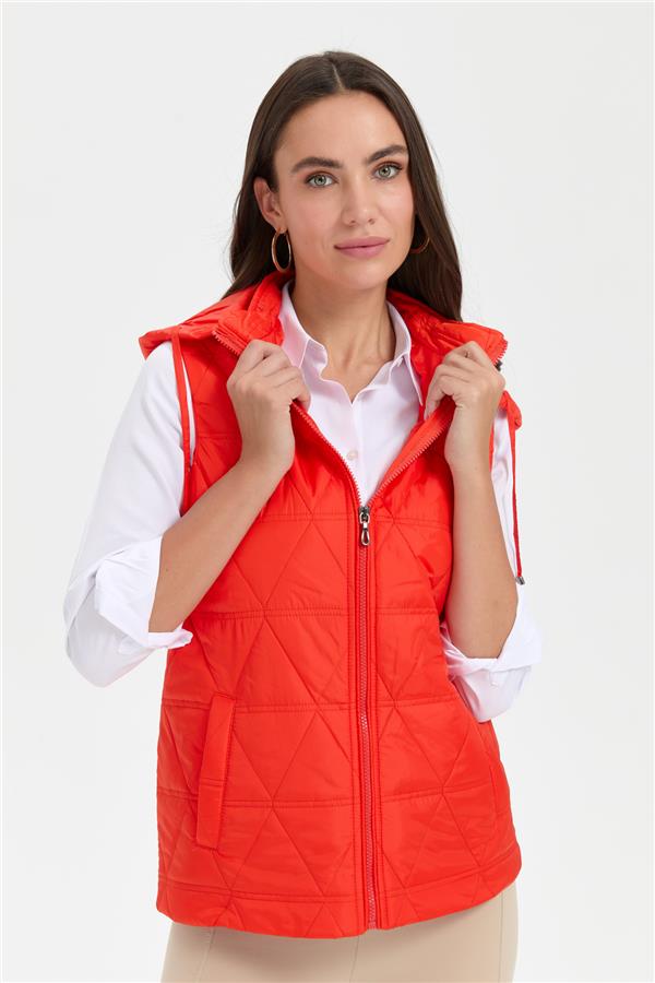 Kadın Kapüşonlu Üçgen Desenli Kısa Kapitone Yelek Oranj