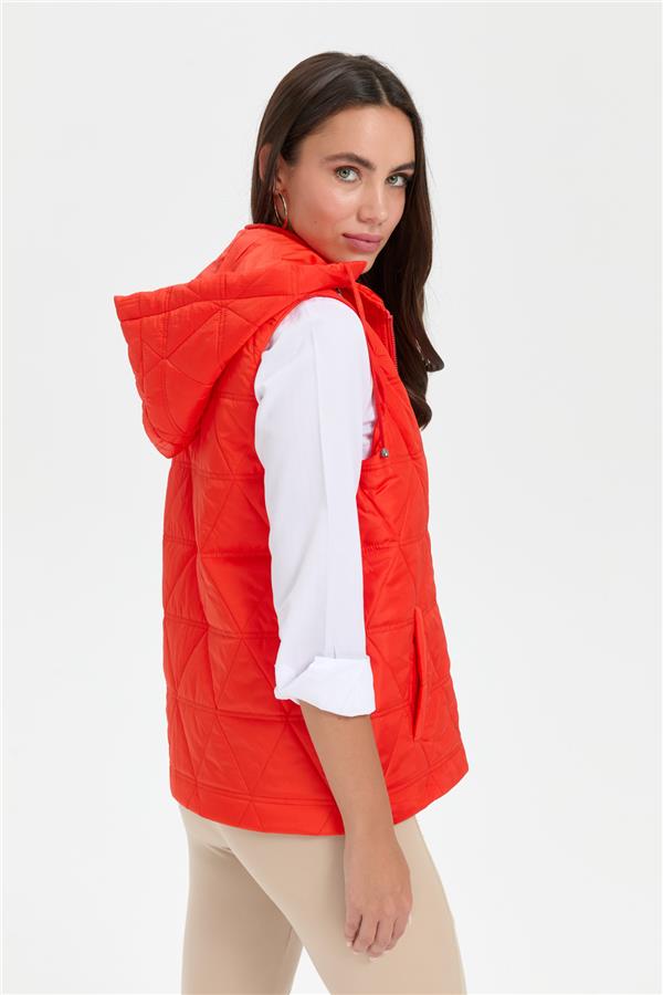 Kadın Kapüşonlu Üçgen Desenli Kısa Kapitone Yelek Oranj