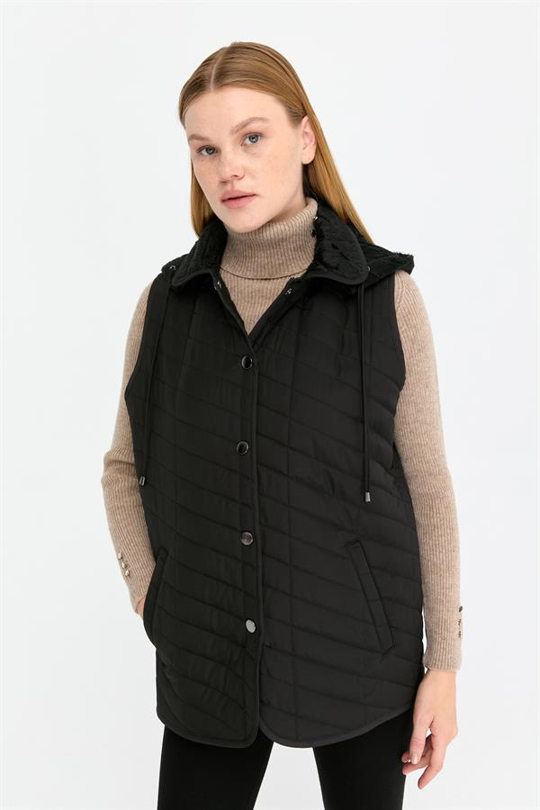 Kadın Kapüşonlu Yan Cepli Kapitone Yelek Siyah