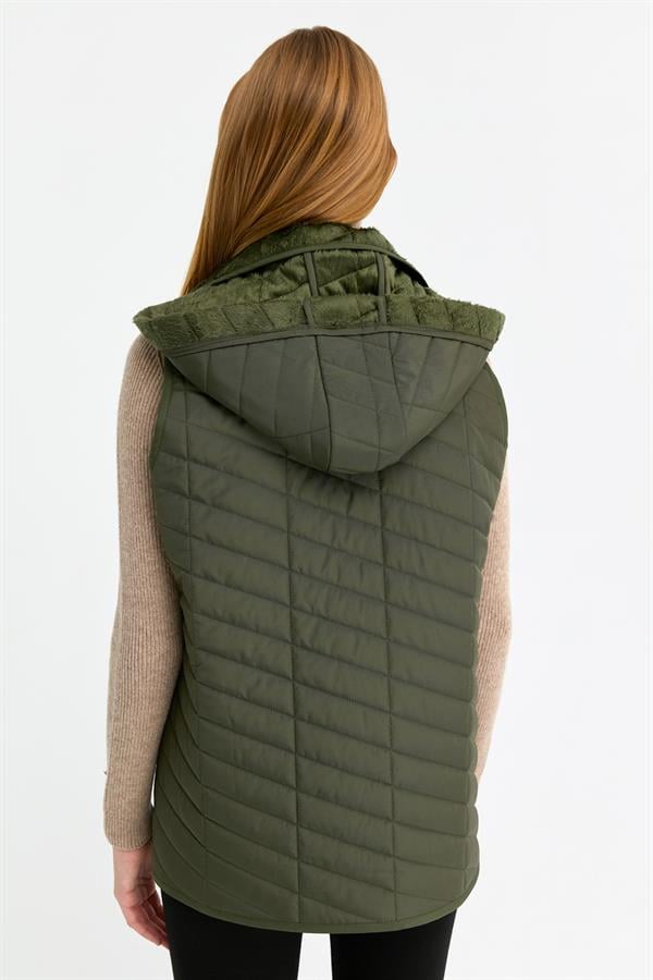 Kadın Kapüşonlu Yan Cepli Kapitone Yelek Haki