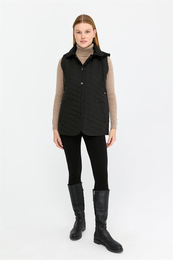 Kadın Kapüşonlu Yan Cepli Kapitone Yelek Siyah