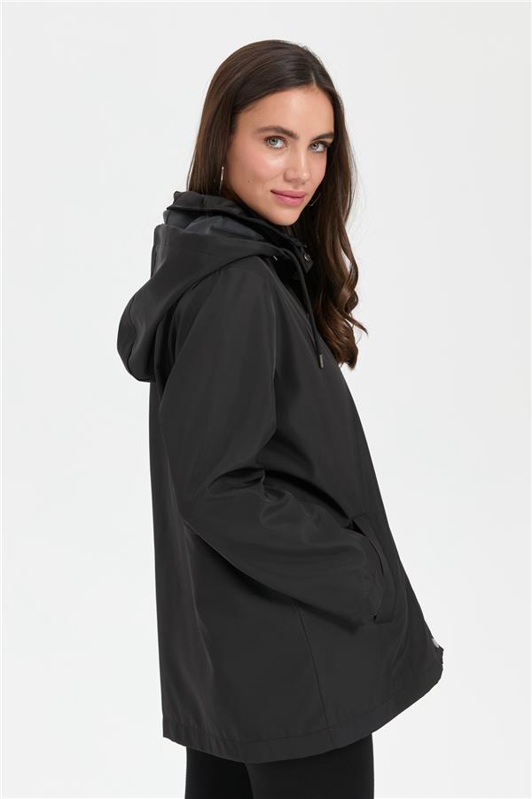 Kadın Kapüşonlu Yan Cepli Kısa Trençkot Siyah