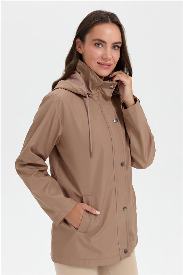 Kadın Kapüşonlu Yan Cepli Kısa Trençkot Vizon