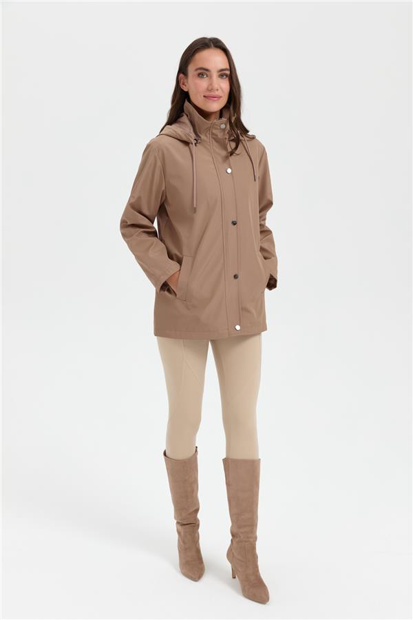 Kadın Kapüşonlu Yan Cepli Kısa Trençkot Vizon