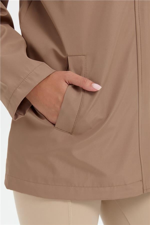 Kadın Kapüşonlu Yan Cepli Kısa Trençkot Vizon