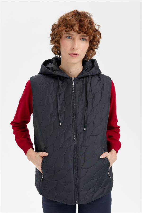 Kadın Kapüşonlu Yaprak Desenli Kısa Kapitone Yelek Lacivert