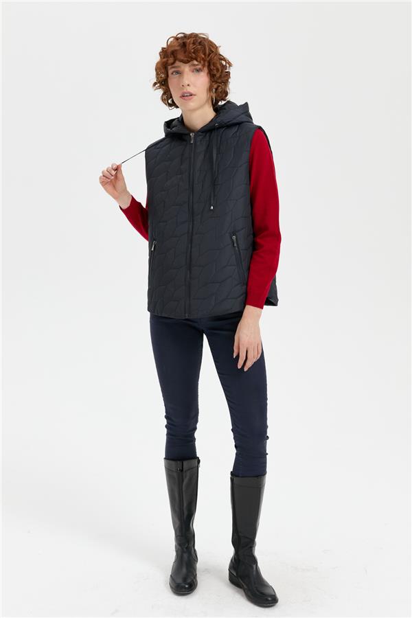 Kadın Kapüşonlu Yaprak Desenli Kısa Kapitone Yelek Lacivert