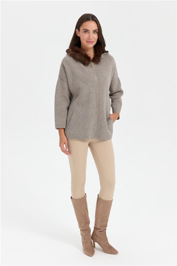 Kadın Kapüşonu Kürklü Fermuarlı Yün Panço Vizon