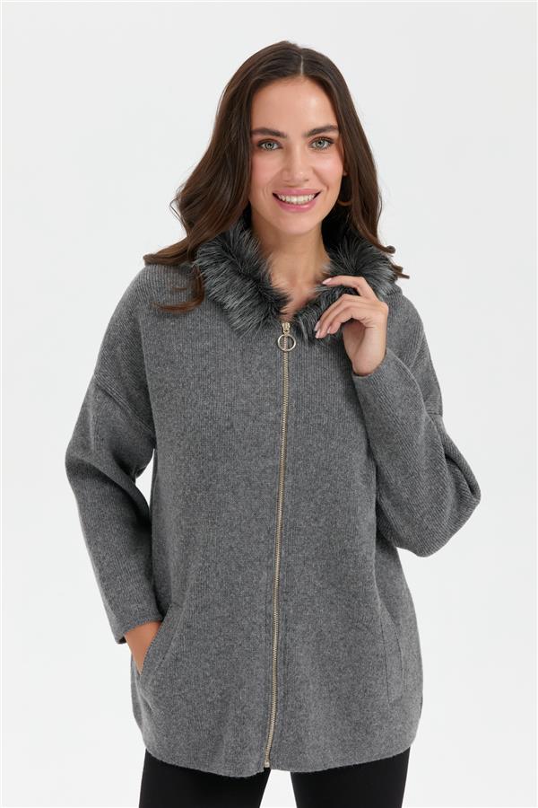 Kadın Kapüşonu Kürklü Fermuarlı Yün Panço Füme