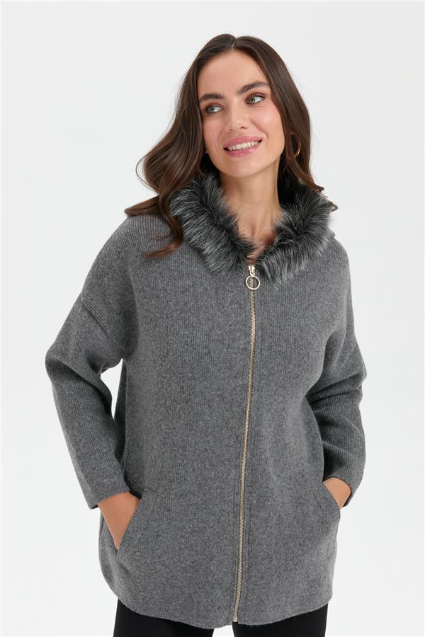 Kadın Kapüşonu Kürklü Fermuarlı Yün Panço Füme