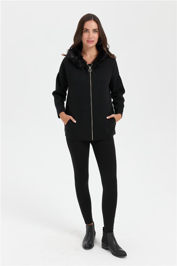 Kadın Kapüşonu Kürklü Fermuarlı Yün Panço Siyah