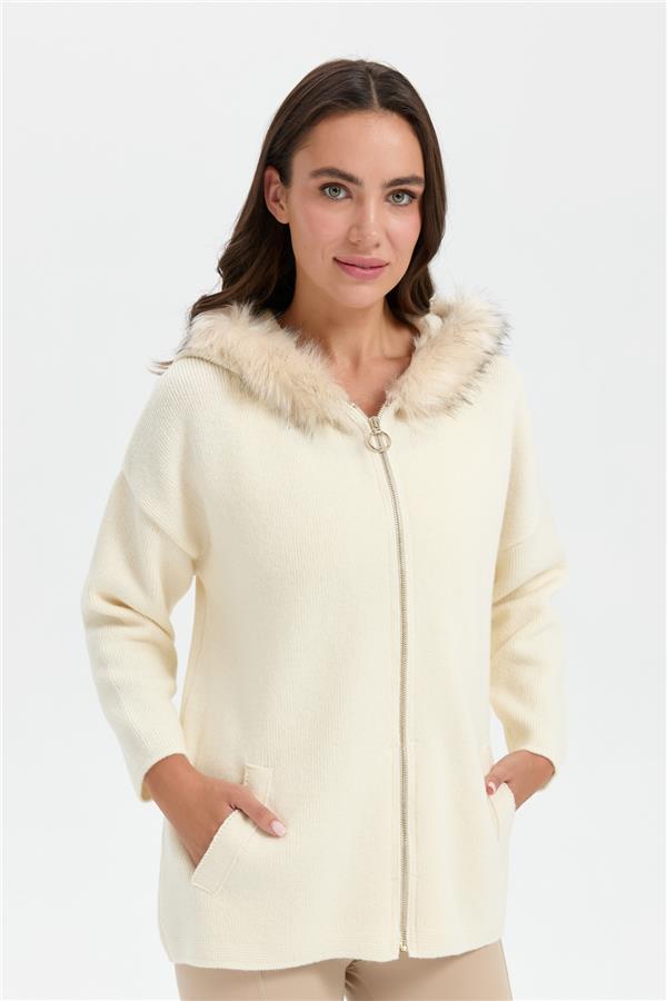 Kadın Kapüşonu Kürklü Fermuarlı Yün Panço Kemik