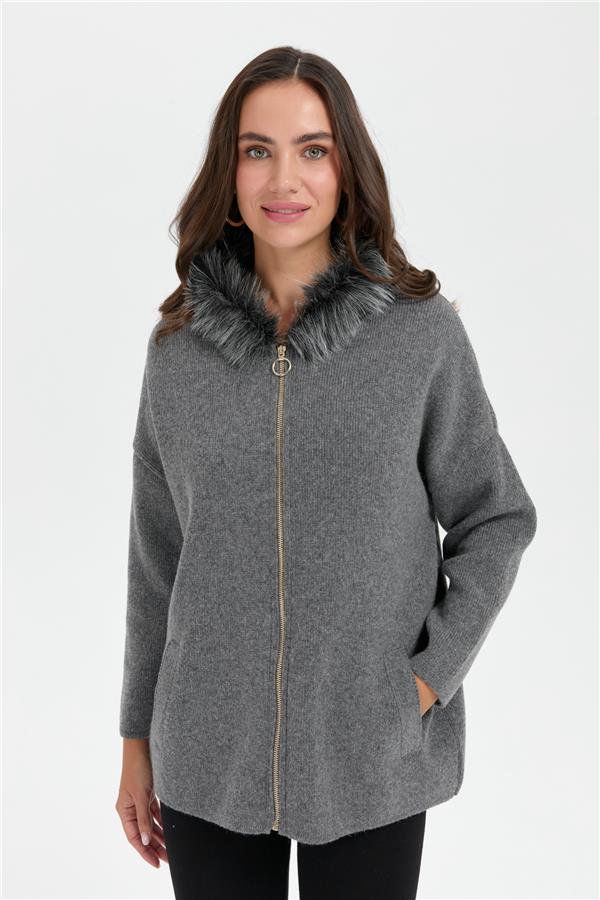 Kadın Kapüşonu Kürklü Fermuarlı Yün Panço Füme