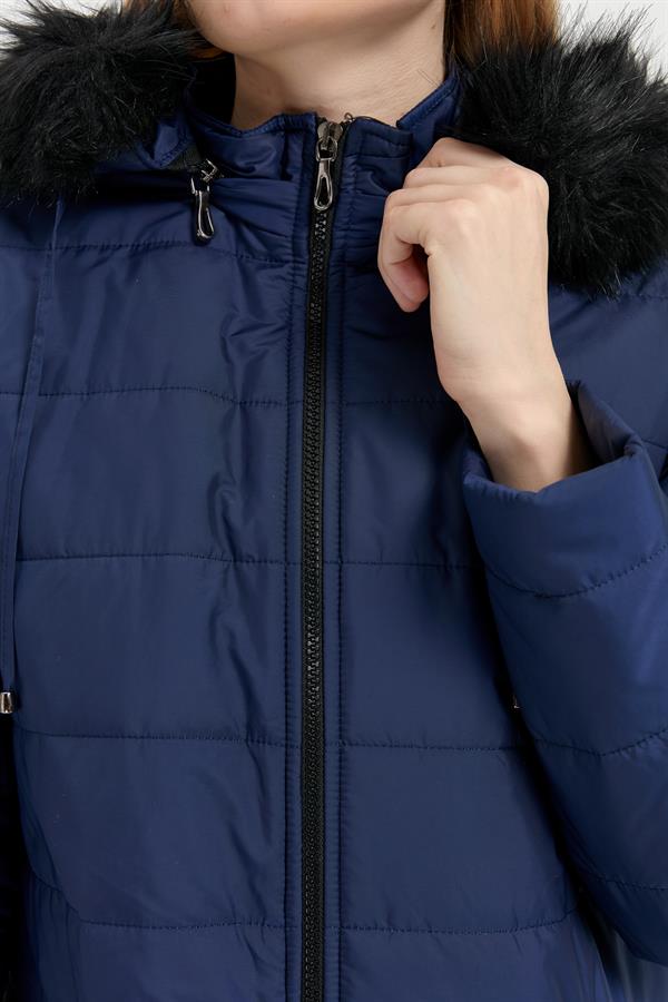 Kadın Kapüşonu Kürklü Uzun Kapitone Kaban Lacivert