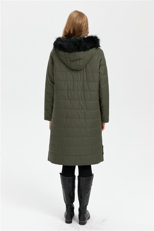Kadın Kapüşonu Kürklü Uzun Kapitone Kaban Yeşil