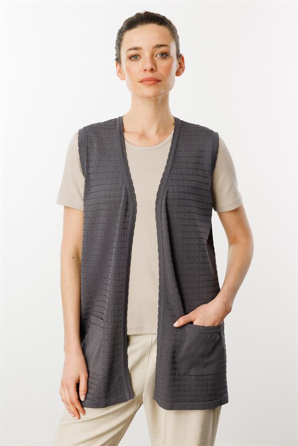 Kadın Kare Örgülü Uzun Triko Yelek Antrasit