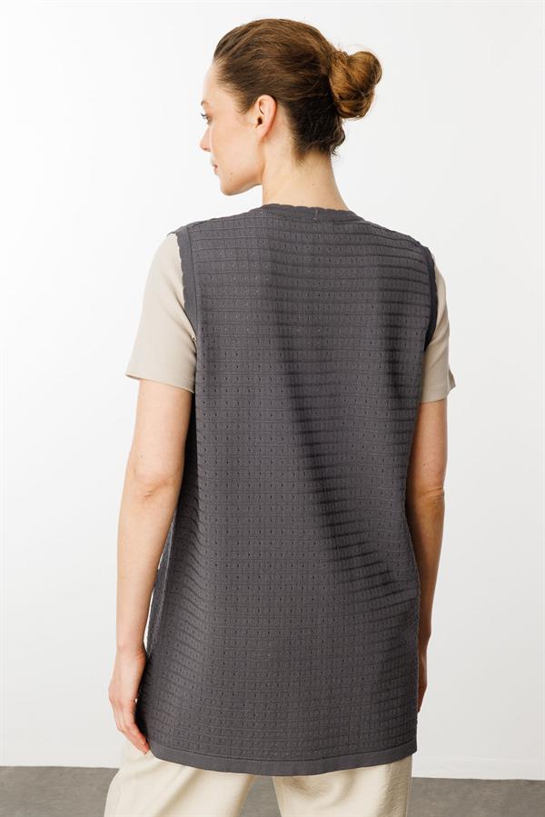 Kadın Kare Örgülü Uzun Triko Yelek Antrasit